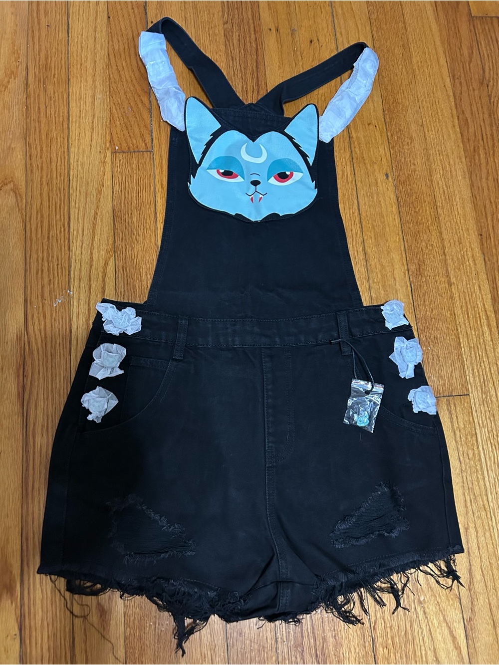 Black Short Overalls‎ with Blue Cat Patch